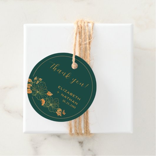 Classy Emerald Green Gold Floral Weddenschap Harte Bedankjes Labels (In situ)