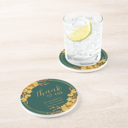 Classy Emerald Green Gold Floral Weddenschap Harte Zandsteen Onderzetter (Zijkant)