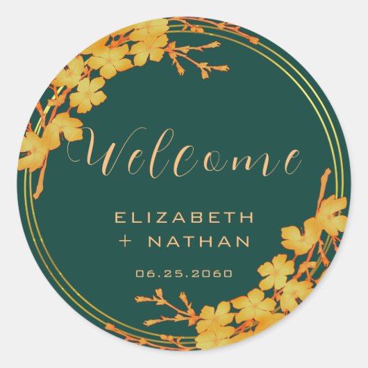 Classy Emerald Green Gold Floral Wedding Welkom Ronde Sticker (Voorkant)