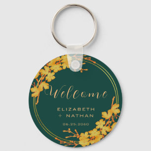 Classy Emerald Green Gold Floral Wedding Welkom Sleutelhanger