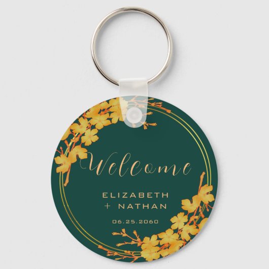 Classy Emerald Green Gold Floral Wedding Welkom Sleutelhanger (Voorkant)