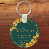 Classy Emerald Green Gold Floral Wedding Welkom Sleutelhanger (Achterkant)