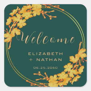 Classy Emerald Green Gold Floral Wedding Welkom Vierkante Sticker
