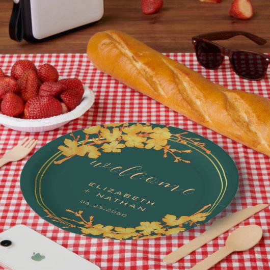 Classy Emerald Green Gold Floral Welkom Papieren Bordje (Picknick)