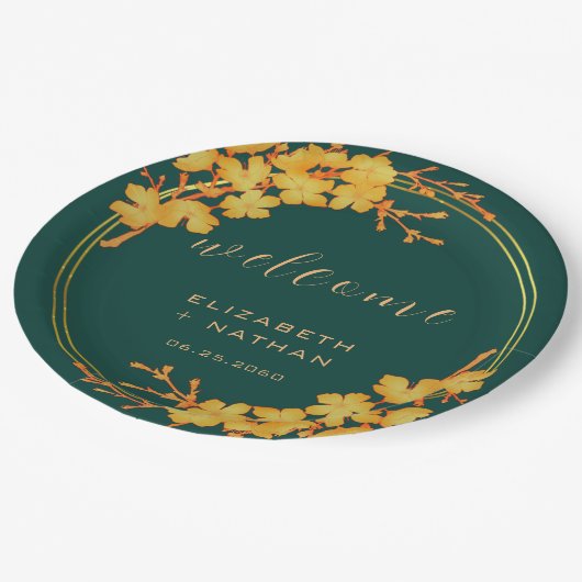 Classy Emerald Green Gold Floral Welkom Papieren Bordje (Gekanteld)