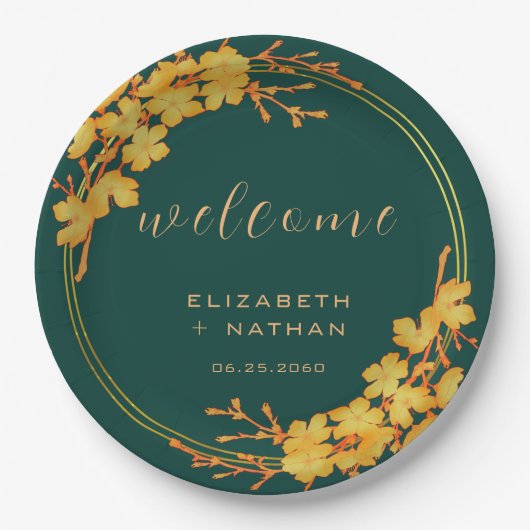 Classy Emerald Green Gold Floral Welkom Papieren Bordje (Voorkant)