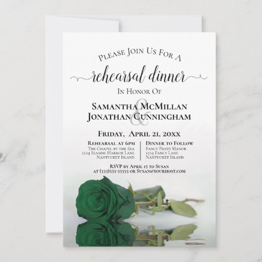 Classy Emerald Green Roos Wedding Rehearsal Dinner Kaart (Voorkant)