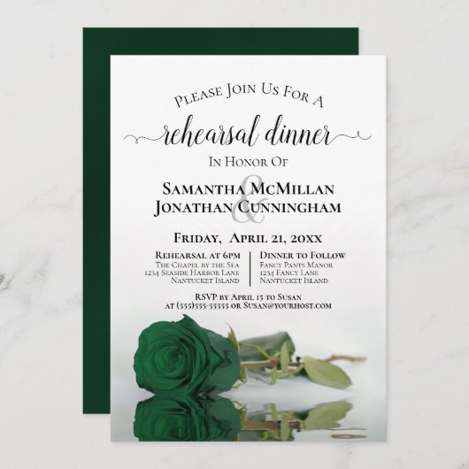 Classy Emerald Green Roos Wedding Rehearsal Dinner Kaart (Voorkant / Achterkant)