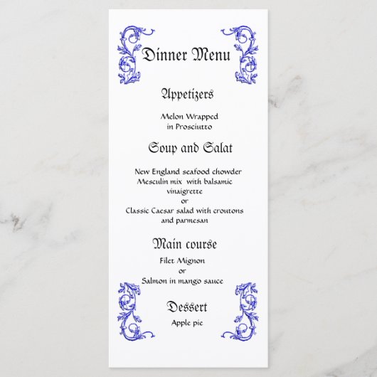 Classy en elegant blauw bruiloft diner menu (Voorkant)