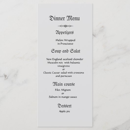 Classy en elegant grijs wit bruiloft diner menu (Voorkant)