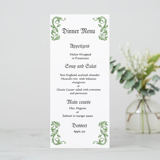 Classy en elegante groene bruiloft diner menu (Staand voorkant)