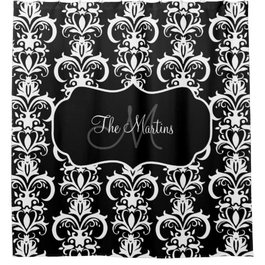 Classy Family Name Monogram Damask Patroon Douchegordijn (Voorkant)