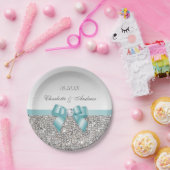 Classy Faux Blauwgroen Bow Silver Sequins Weddensc Papieren Bordje (Feest)