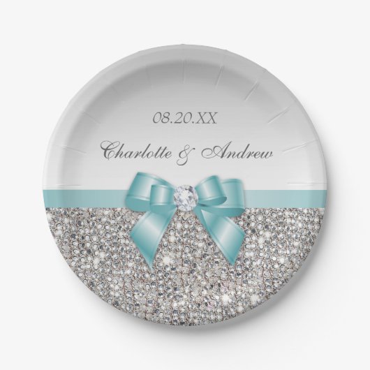 Classy Faux Blauwgroen Bow Silver Sequins Weddensc Papieren Bordje (Voorkant)