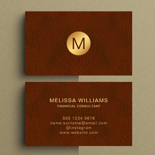 Classy Faux Brown Leather & Gold Initiaal Logo Visitekaartje