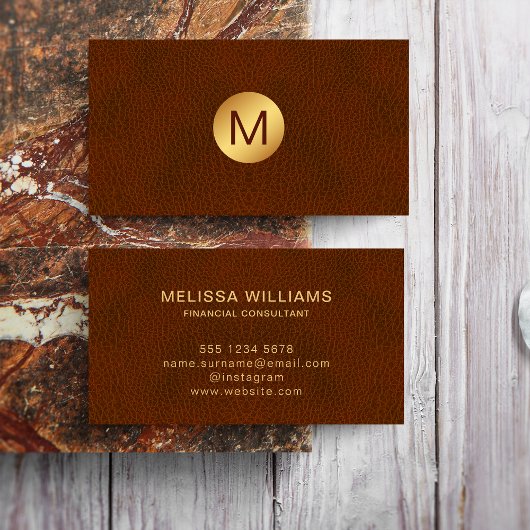 Classy Faux Brown Leather & Gold Initiaal Logo Visitekaartje