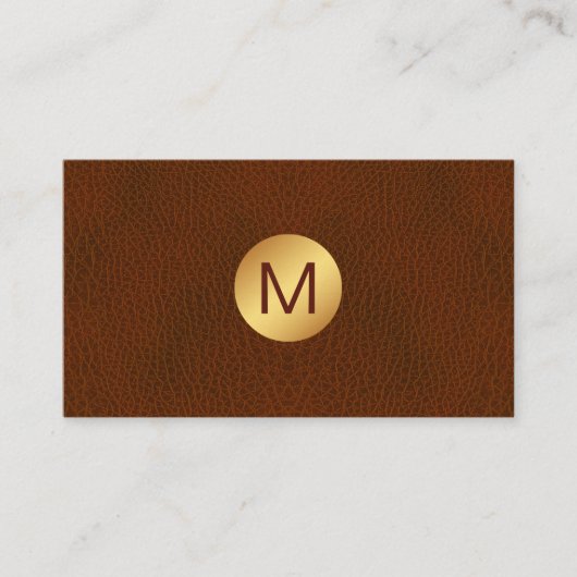 Classy Faux Brown Leather & Gold Initiaal Logo Visitekaartje (Voorkant)