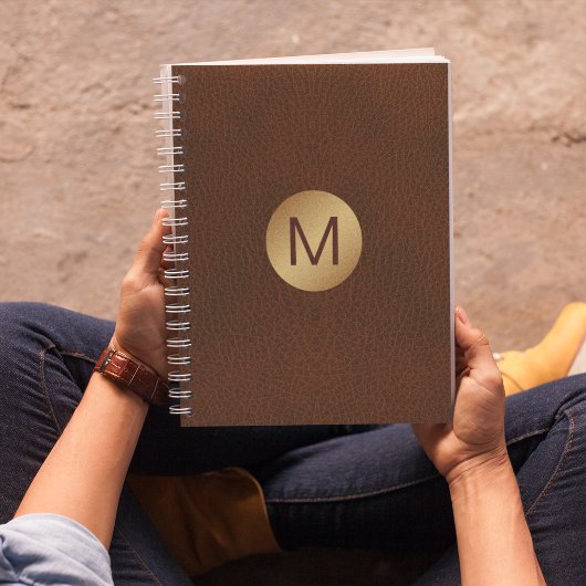 Classy Faux Brown Leather & Gold Initiaal Naam Notitieboek