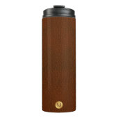 Classy Faux Brown Leather & Gold Initiaal Naam Thermosbeker (Voorkant)