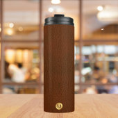 Classy Faux Brown Leather & Gold Initiaal Naam Thermosbeker
