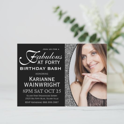 Classy Faux Glitter Foto 40th Birthday Party Kaart (Staand voorkant)