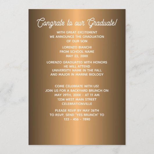 Classy Faux Glossy Gold Copper Afstuderen Aankondiging (Achterkant)