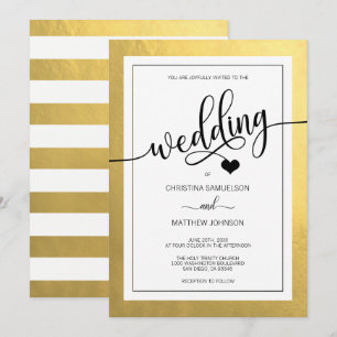 Classy Faux Gold Foil Black & White Heart Wedding Kaart