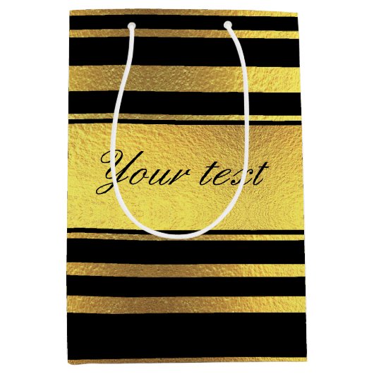 Classy Faux Gold Foil en Black Stripes Medium Cadeauzakje (Voorkant)
