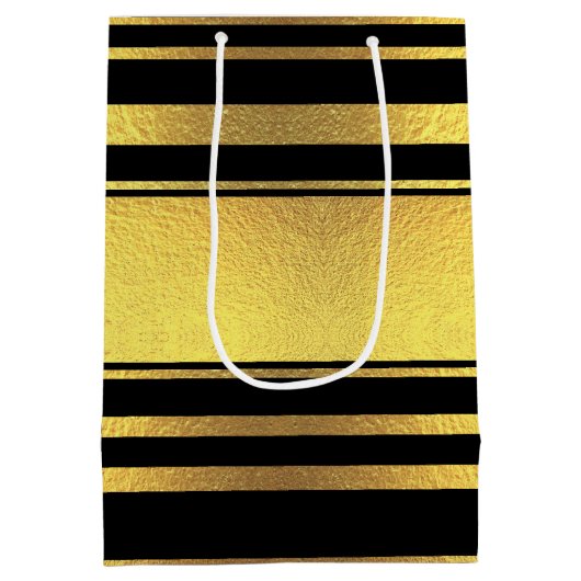 Classy Faux Gold Foil en Black Stripes Medium Cadeauzakje (Achterkant)