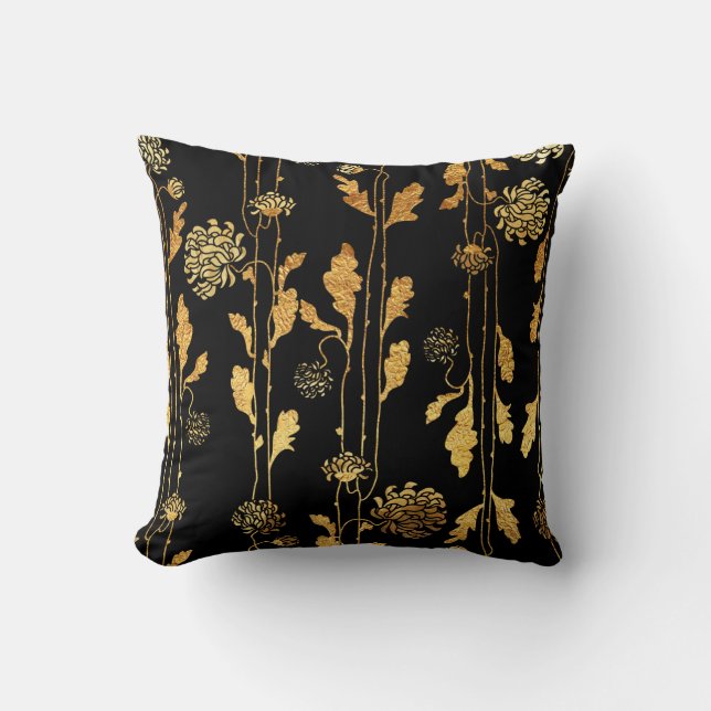 Classy Faux Gold Foil Flowers op Black Kussen (Voorkant)