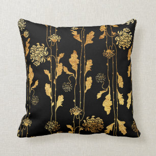 Classy Faux Gold Foil Flowers op Black Kussen