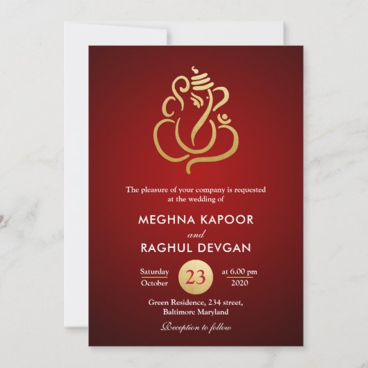 Classy Faux Gold Foil Ganesha/Indian Red Wedding Kaart (Voorkant)