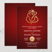 Classy Faux Gold Foil Ganesha/Indian Red Wedding Kaart (Voorkant / Achterkant)
