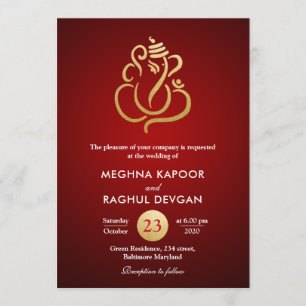 Classy Faux Gold Foil Ganesha/Indian Red Wedding Kaart