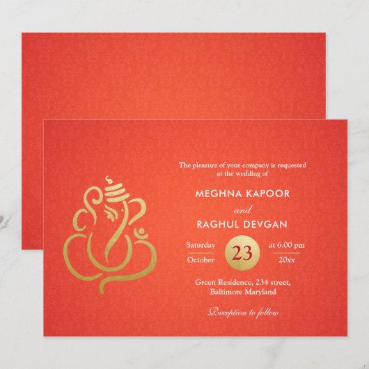 Classy Faux Gold Folie Ganesha Indian Red Damask Kaart (Voorkant / Achterkant)