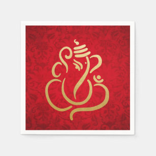 Classy Faux Gold Folie Ganesha Indian Red Damask Servet