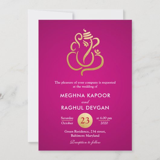 Classy Faux Gold Folie Ganesha / Indiase roze brui Kaart (Voorkant)