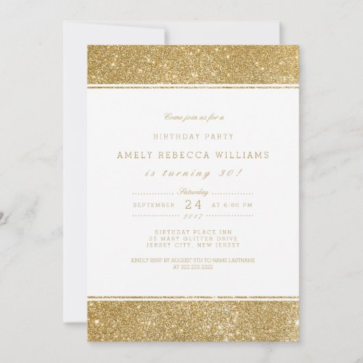 Classy Faux Gold Glitter Birthday Invitation Kaart (Voorkant)