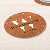 Classy Faux Leather Monogram Initiaal & Familienaa Ronde Kartonnen Onderzetter (Gebogen)