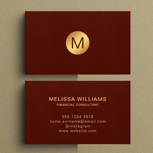 Classy Faux Red Leather & Gold Monogram Naam Visitekaartje