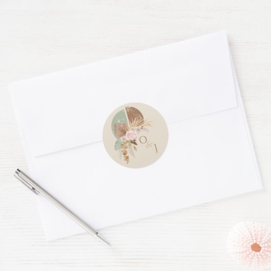 Classy Feather Boho Beige Wedding Envelope Seal Ronde Sticker (Envelop)