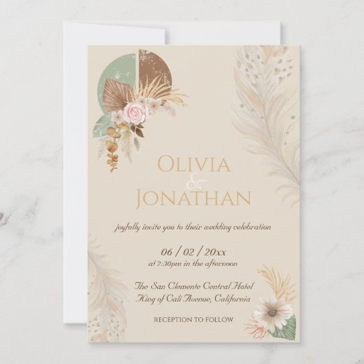 Classy Feather Boho Beige Wedding Invitation Kaart (Voorkant)