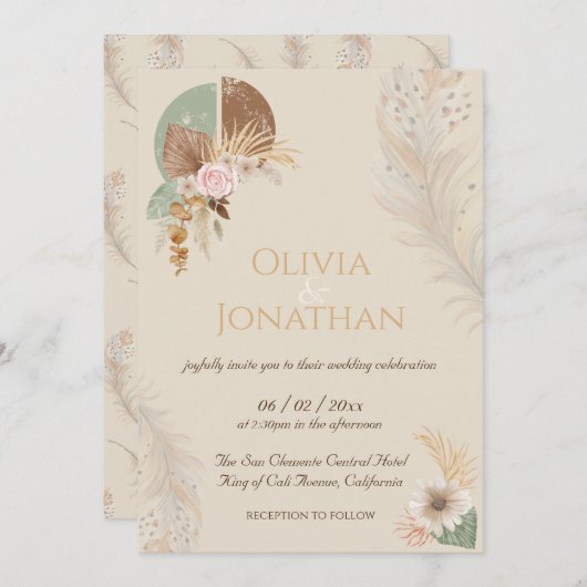 Classy Feather Boho Beige Wedding Invitation Kaart (Voorkant / Achterkant)
