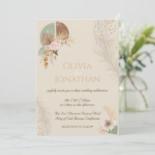 Classy Feather Boho Beige Wedding Invitation Kaart