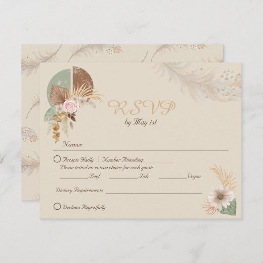 Classy Feather Boho Beige Wedding RSVP Kaart (Voorkant / Achterkant)