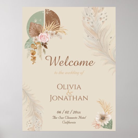Classy Feather Boho Beige Wedding Welkomstteken Poster (Voorkant)