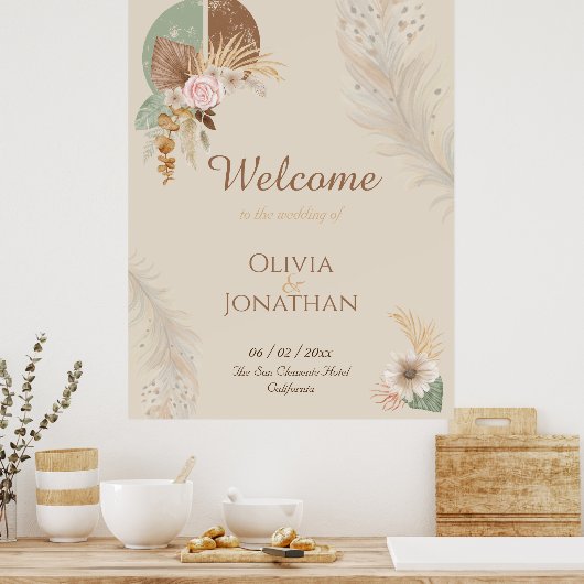 Classy Feather Boho Beige Wedding Welkomstteken Poster (Keuken)