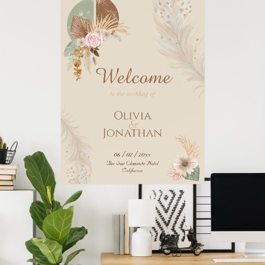 Classy Feather Boho Beige Wedding Welkomstteken Poster (Thuiskantoor)