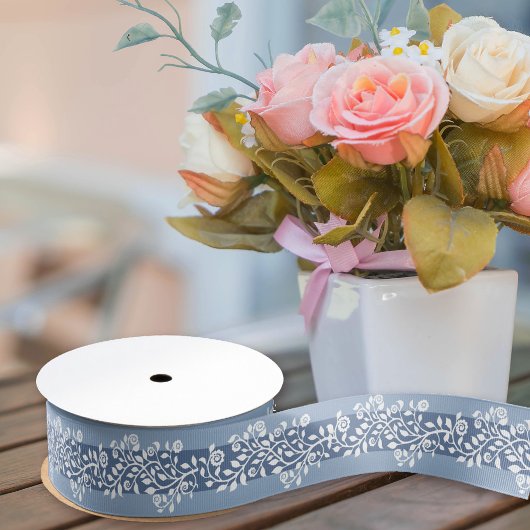 Classy  Floral Arabesque Boho Dusty Blue Gr Grosgrain Lint