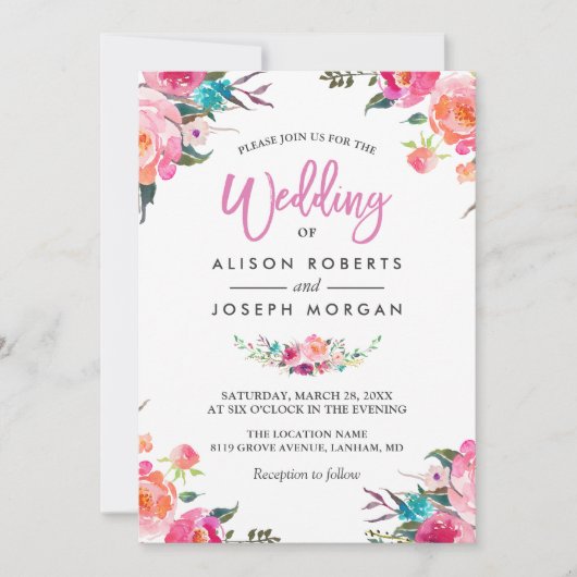 Classy Floral Blossom Waterverf Flowers Wedding Kaart (Voorkant)